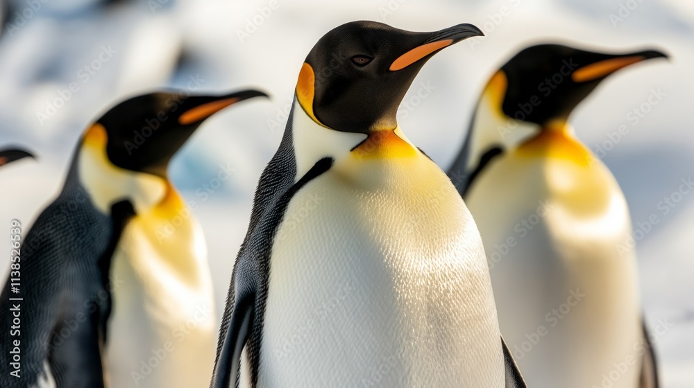 Fototapeta premium A close-up view of emperor penguins standing in the Antarctic snow, showcasing their striking black, white, and yellow plumage under soft sunlight, with a blurred icy background