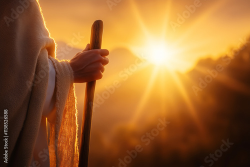 Jesus Christ Hand with Wooden Wand Cane at Sunset