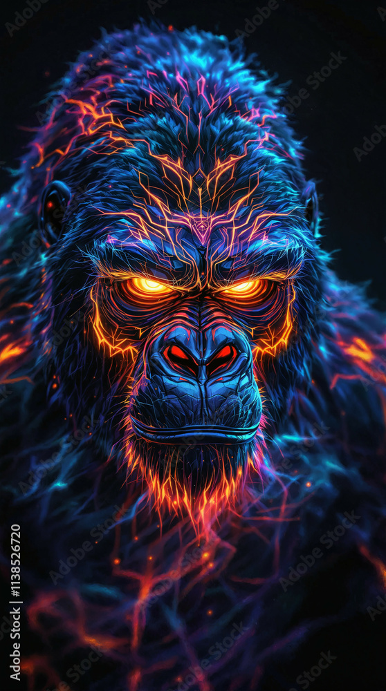 portrait of a fierce gorilla with a glowing fur that resembles translucent liquid fire glass in glowing neon red, neon orange, and neon blue. portrait of a fierce gorilla with a glowing fur that resembles translucent liquid fire glass in glowing neon red, neon orange, and neon blue.