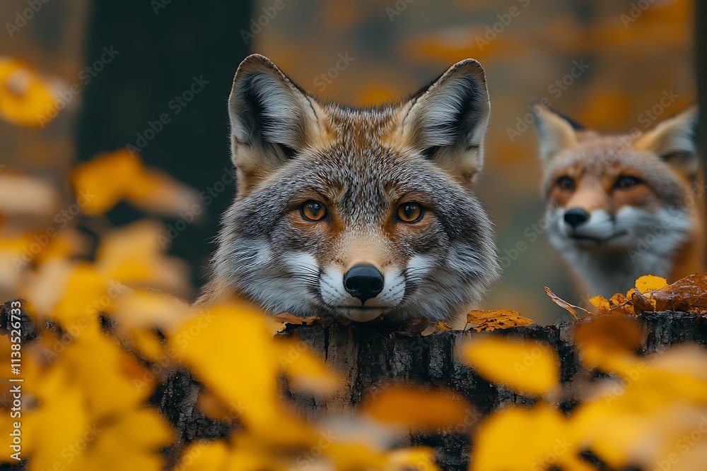 Fototapeta premium Two curious foxes peek from behind a log amidst a vibrant autumn forest.