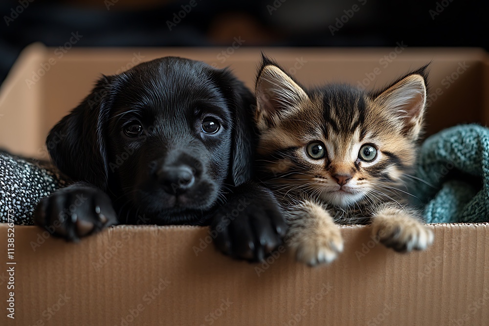 Adorable black Labrador puppy and tabby kitten sharing a cardboard box, a heartwarming scene of friendship Adorable black Labrador puppy and tabby kitten sharing a cardboard box, a heartwarming scene of friendship