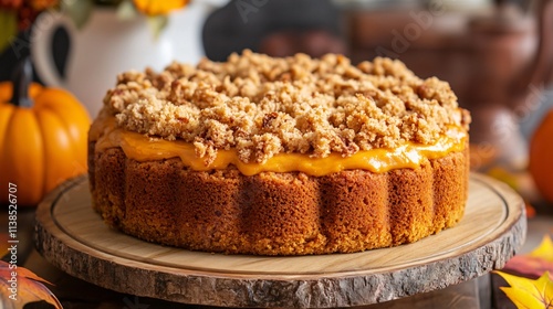 Wallpaper Mural Pumpkin crunch cake with golden crumb topping, displayed on a distressed wooden platter surrounded by autumn decor Torontodigital.ca