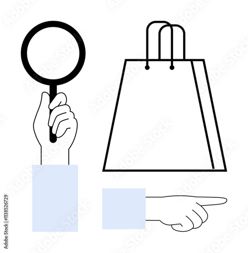 Hand holding magnifying glass, other hand pointing at shopping bag. Ideal for online shopping, consumer research, product search, e-commerce, retail marketing, customer journey, usability testing