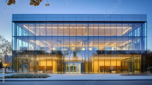 Fototapeta Naklejka Na Ścianę i Meble -  Modern glass office building at sunset with reflections and illuminated interior.