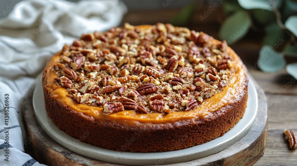Pumpkin crunch cake with pecan topping, served on a ceramic platter with soft natural lighting and rustic accents