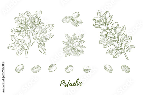 Vector pistachio plant with nuts and flowers line art illustration, graphic line combination. Pistachio nuts. Pistachio branch. Great for any designs, textile, art, walls, package