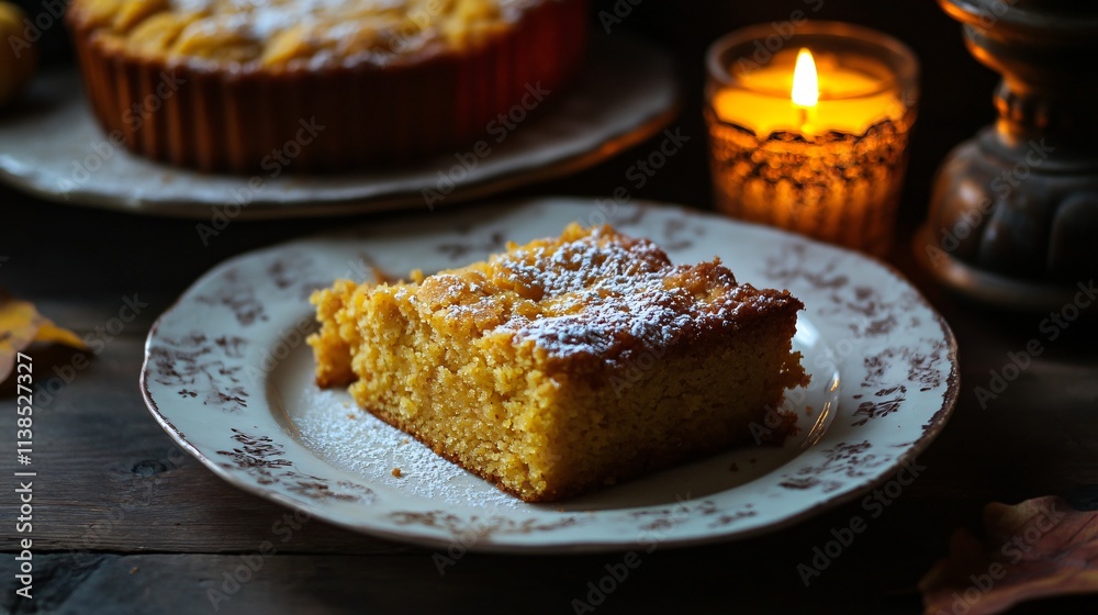Rustic presentation of pumpkin crunch cake slices on a chipped porcelain plate with soft candlelight and antique decor Rustic presentation of pumpkin crunch cake slices on a chipped porcelain plate with soft candlelight and antique decor
