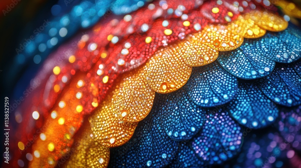 Vibrant, textured scales in a gradient of colors, showcasing intricate patterns and details. Vibrant, textured scales in a gradient of colors, showcasing intricate patterns and details.