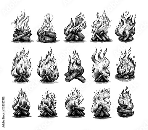Camp fire engraving vector set. Wooden trunks flame tourism timber bonfire nature survival light spot, black ink sketch hand drawn isolated on white background
