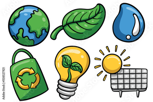 Set of Hand drawn eco friendly element. collection of earth, leaf, water, ecobag, light bulb, solar panel Isolated Vector