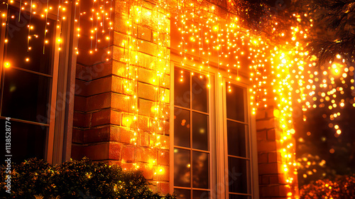 Christmas decoration of buildings, garlands with light bulbs on the faзade against the dark night sky, the season of winter holidays.