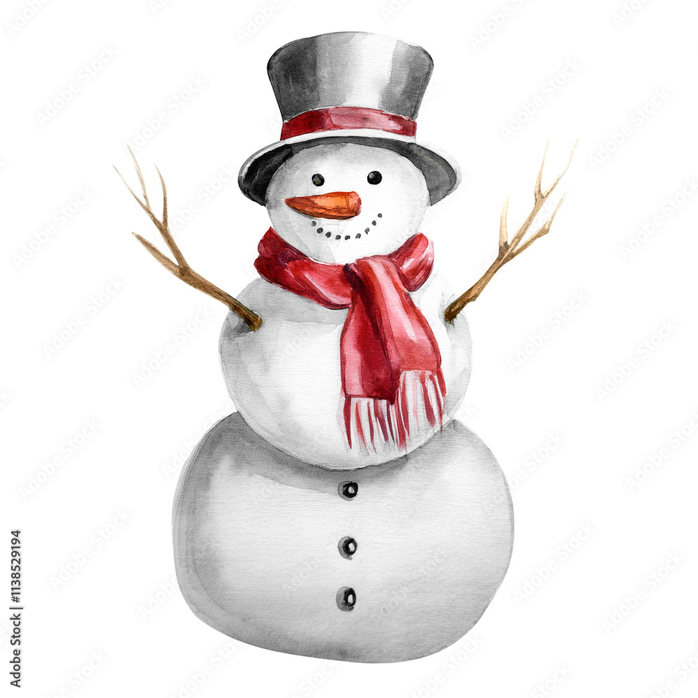 Watercolor painting of cute snowman wearing a red scarf and top hat isolated on white background. Clipart of a snowman in red tones. Perfect for winter greeting cards and seasonal illustrations. Watercolor painting of cute snowman wearing a red scarf and top hat isolated on white background. Clipart of a snowman in red tones. Perfect for winter greeting cards and seasonal illustrations.