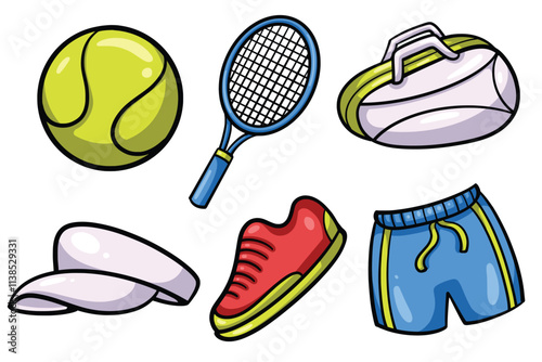 Set of Hand drawn tennis element. collection of tennis ball, racket, bag, hat, shoes, shorts Isolated Vector