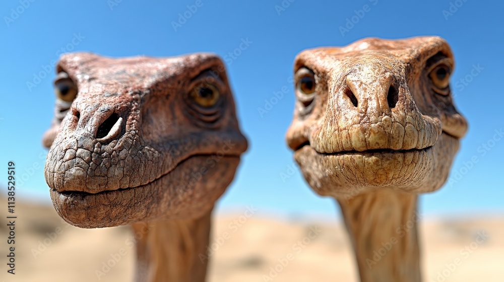 Raptor Duo: Two adorable baby raptors, their large eyes and curious expressions captivating the viewer, against a backdrop of desert sands. Raptor Duo: Two adorable baby raptors, their large eyes and curious expressions captivating the viewer, against a backdrop of desert sands.