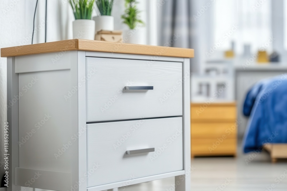 Fototapeta premium This bedside table features two spacious drawers, perfect for storage while enhancing the rooms aesthetics. The clean design, set against a white background, makes it suitable for various interior sty