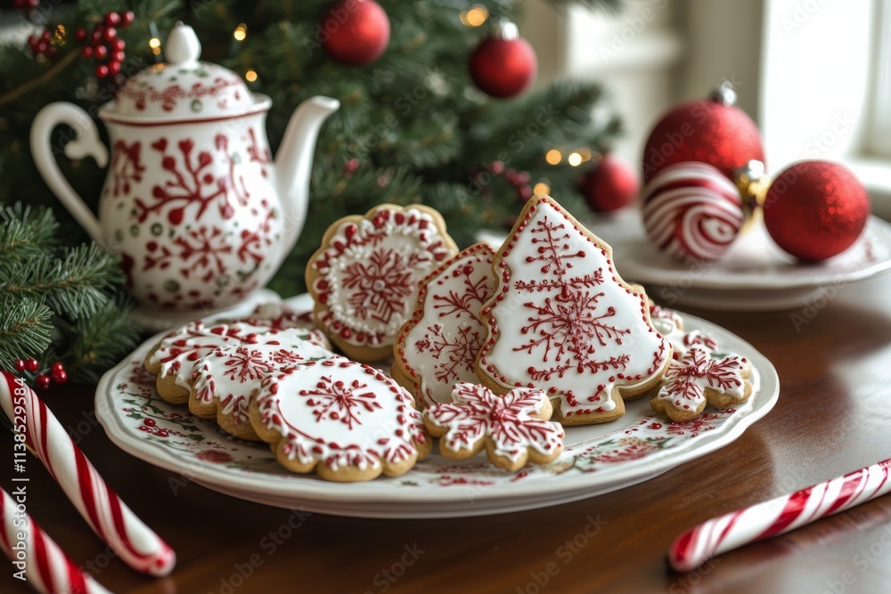 Festive holiday cookies decorated with icing on a snowy table setting Festive holiday cookies decorated with icing on a snowy table setting