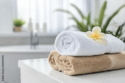 Two plush towels are elegantly rolled and placed side by side on a clean countertop, showcasing their soft texture against a white background. A fresh flower adds a touch of nature, creating a spa lik photo