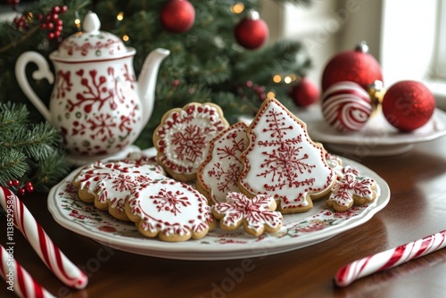 Festive holiday cookies decorated with icing on a snowy table setting photo