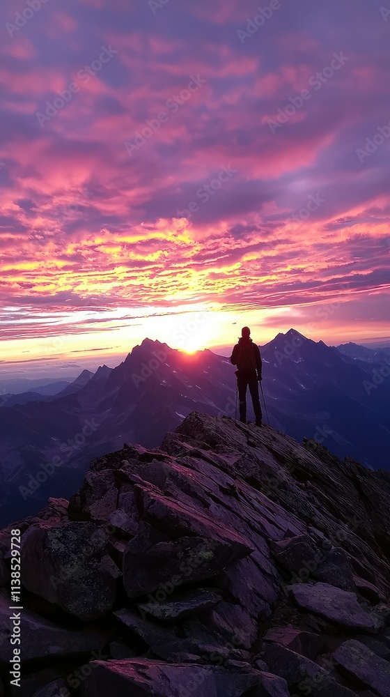 Breathtaking Sunset Over Mountain Peaks with Silhouette of a Hiker Captivating Nature's Beauty in a Majestic Landscape Breathtaking Sunset Over Mountain Peaks with Silhouette of a Hiker Captivating Nature's Beauty in a Majestic Landscape