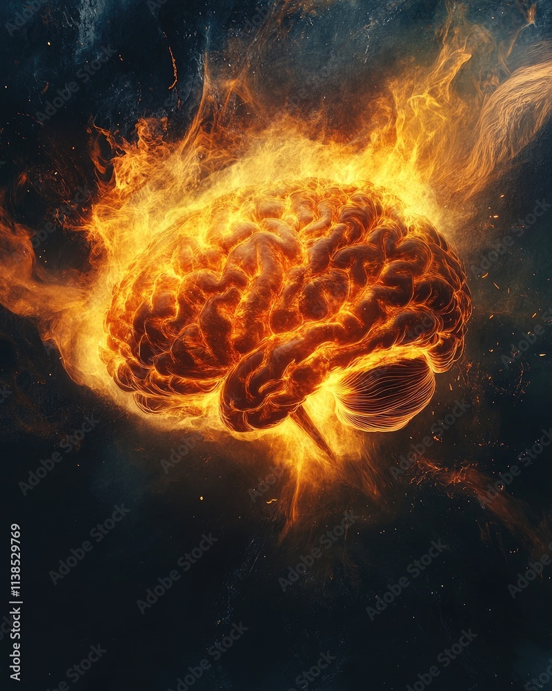 A fiery representation of a brain symbolizing intense thought and creativity. A fiery representation of a brain symbolizing intense thought and creativity.