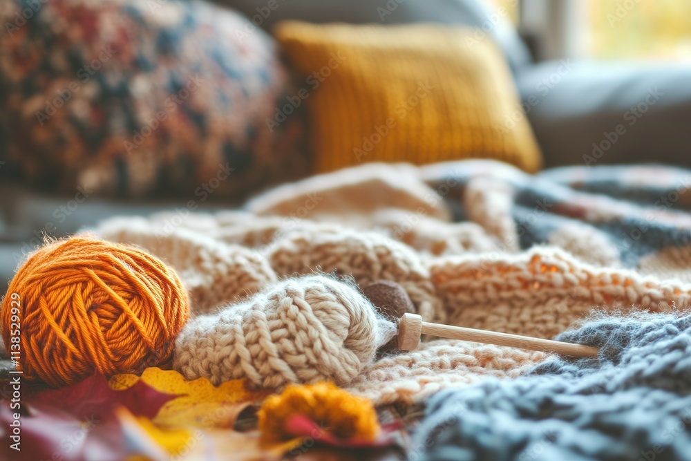 Cozy autumn knitting scene with yarn and needles on a blanket. Cozy autumn knitting scene with yarn and needles on a blanket.