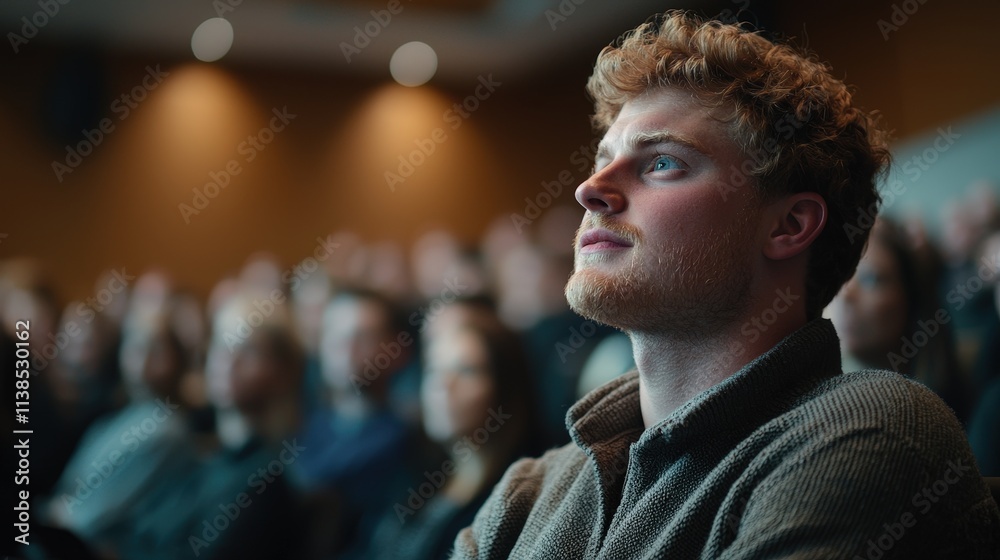 Fototapeta premium Young Caucasian Man Attentively Listening During Educational Lecture in Crowded Auditorium, Representing Learning, Focus, and Academic Engagement