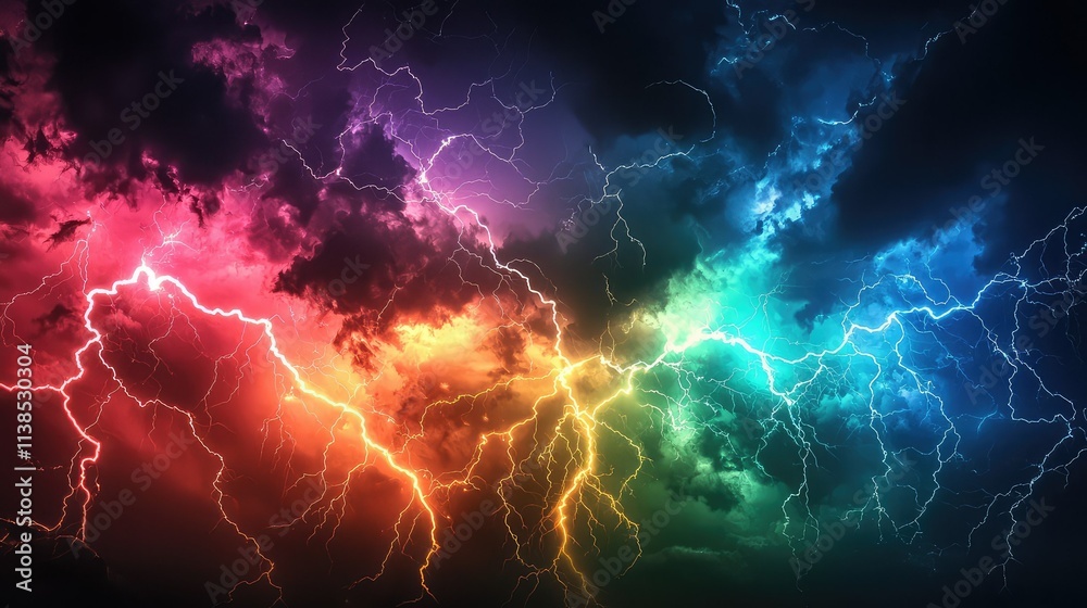Dramatic Rainbow Lightning Storm Over Dark Sky with Colorful Illuminations and Intense Electric Energy Captured in a Stunning Display of Nature's Power Dramatic Rainbow Lightning Storm Over Dark Sky with Colorful Illuminations and Intense Electric Energy Captured in a Stunning Display of Nature's Power