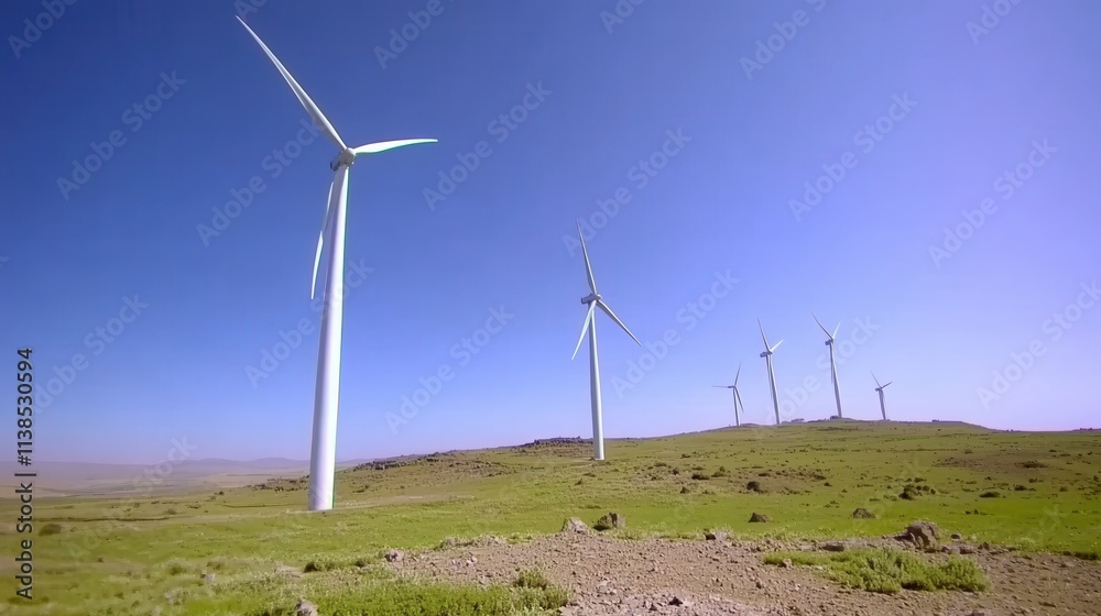 Scenic Landscape with Wind Turbines Against Clear Blue Sky and Green Hills Scenic Landscape with Wind Turbines Against Clear Blue Sky and Green Hills