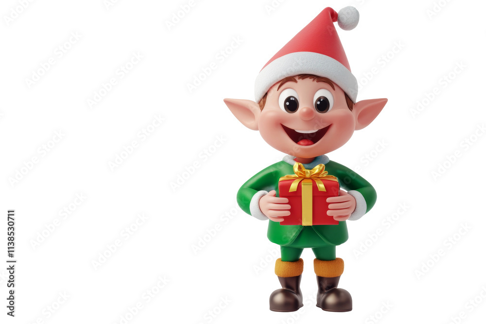 3D Christmas elf holding a red gift box with yellow ribbon, wearing green outfit and Santa hat isolated on transparent png background. 3D Christmas elf holding a red gift box with yellow ribbon, wearing green outfit and Santa hat isolated on transparent png background.