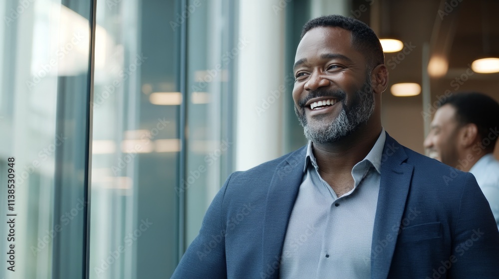 Happy professional men enjoying conversation and laughter in a modern office environment Happy professional men enjoying conversation and laughter in a modern office environment