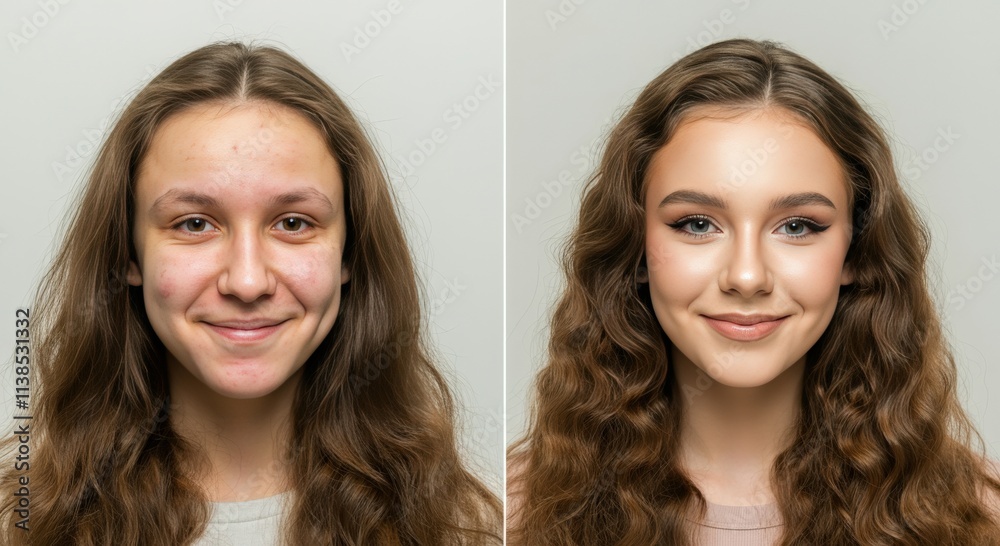 Before and after beauty transformation of young caucasian female for makeup and skin care inspiration