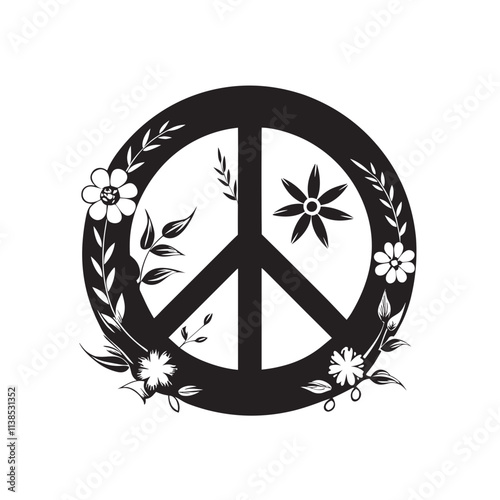 Black peace sign with floral decorations.