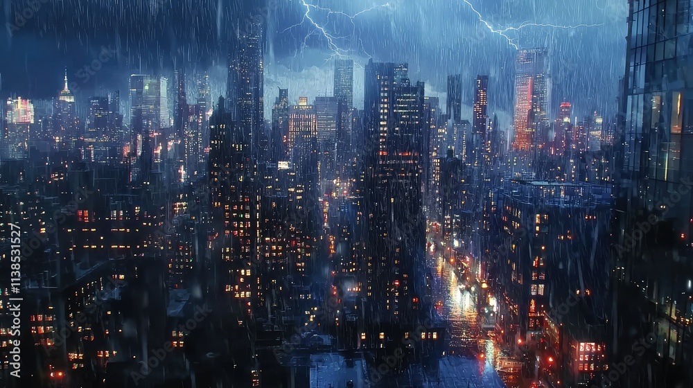 Dramatic Night Scene of a Rainy Cityscape with Lightning Striking over a Vibrant Urban Skyline Illuminated by City Lights Dramatic Night Scene of a Rainy Cityscape with Lightning Striking over a Vibrant Urban Skyline Illuminated by City Lights