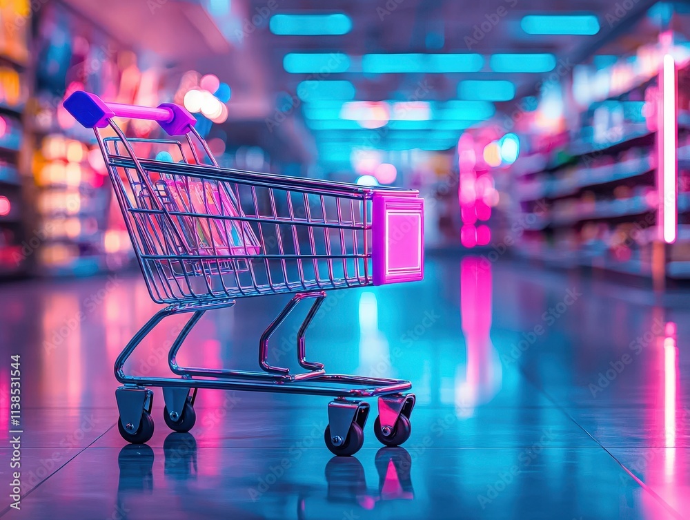 Futuristic Shopping Cart in Neon-Lit Supermarket Aisle with Vibrant Colors and Glowing Shelves, Representing Modern Retail, Consumerism, and Innovative Shopping Design. Futuristic Shopping Cart in Neon-Lit Supermarket Aisle with Vibrant Colors and Glowing Shelves, Representing Modern Retail, Consumerism, and Innovative Shopping Design.