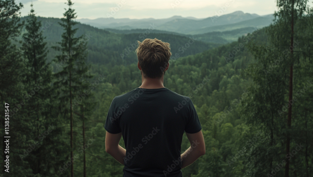 Naklejka premium A young man wearing a black t-shirt stands at the edge of a lush forest, gazing at the vast green mountains and dense trees in the distance.