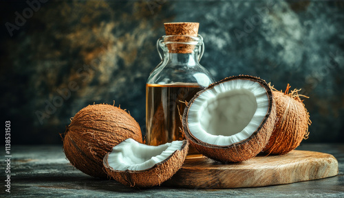 Jar of coconut oil with fresh coconut fruits on blurred background. Organic product for spa and body care. Natural oil for cooking. Generated AI