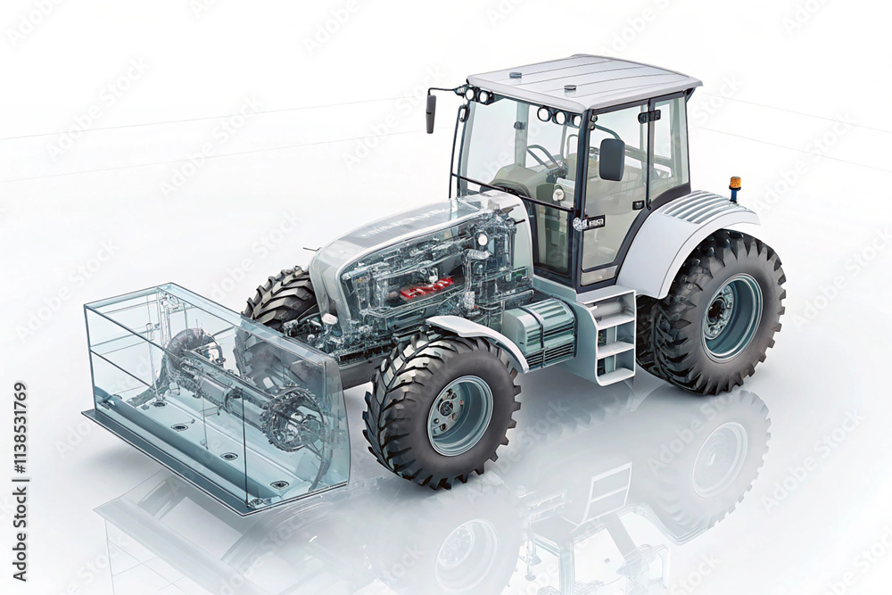 Naklejka premium modern semi transparent grader with its engine and transmission visible inside. The grader is set