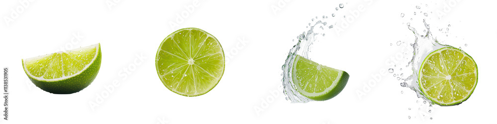Citrus fruits concept. Fresh lime slices with splashes of water on a white isolate background. Citrus fruits concept. Fresh lime slices with splashes of water on a white isolate background.