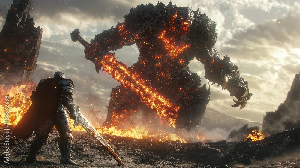 Obraz premium Epic Fantasy Battle Between a Fearless Knight and a Massive Lava Monster in a Fiery Landscape Under Dramatic Skies