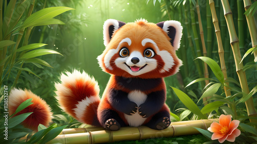 Adorable cartoon red panda sitting on bamboo in lush green forest. photo