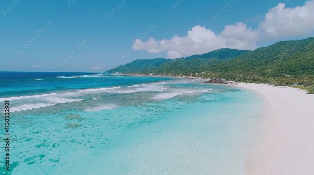 Tranquil Tropical Beach with Crystal Clear Water and Lush Green Mountains Tranquil Tropical Beach with Crystal Clear Water and Lush Green Mountains