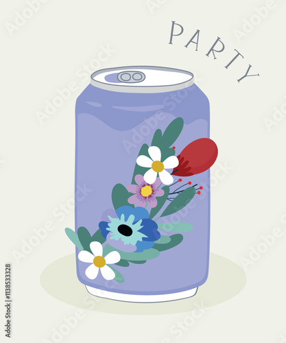 Flat Design Illustration with Can At Happy Flowers  Taste