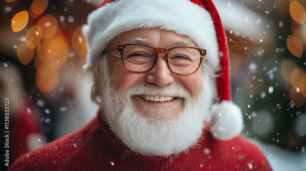 Santa with round glasses and white whiskers, laughing heartily under a snowfall, The image captures the winter holiday atmosphere. Santa with round glasses and white whiskers, laughing heartily under a snowfall, The image captures the winter holiday atmosphere.