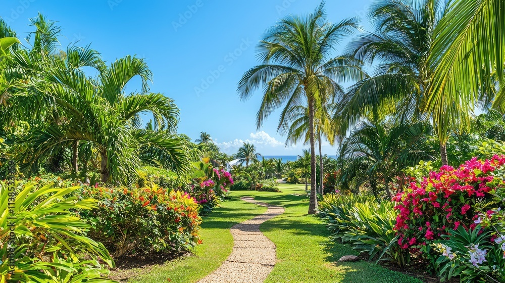 Serene Tropical Garden Pathway Surrounded by Lush Greenery and Vibrant Flowers Under a Clear Blue Sky with Ocean View in the Background Serene Tropical Garden Pathway Surrounded by Lush Greenery and Vibrant Flowers Under a Clear Blue Sky with Ocean View in the Background
