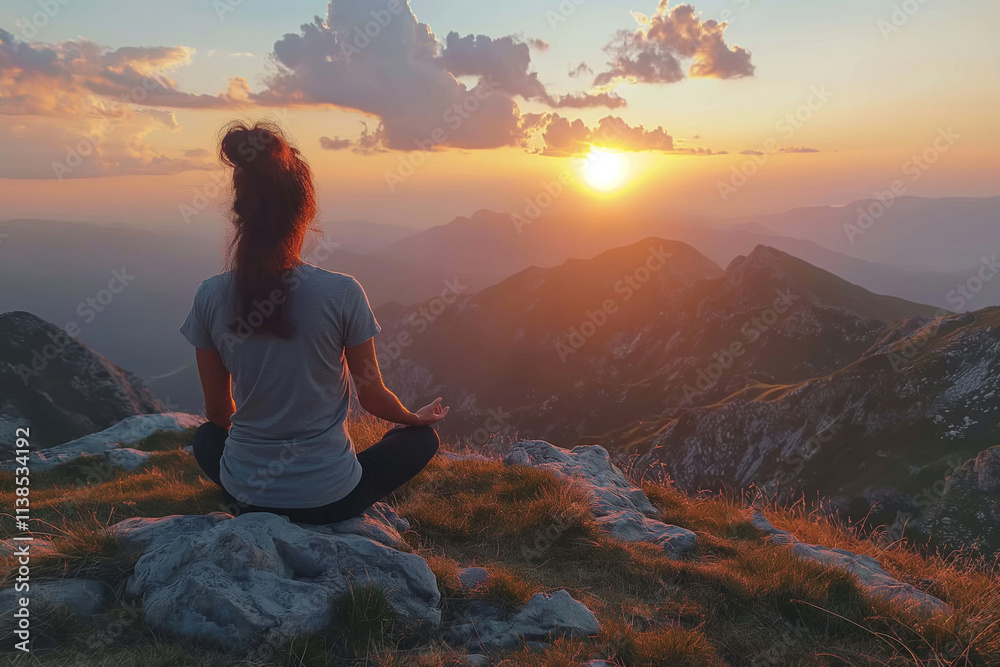 Embracing tranquility at sunset on the mountain peak in peaceful meditation. Generative AI Embracing tranquility at sunset on the mountain peak in peaceful meditation. Generative AI