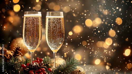 Two glasses with champagne wine background with blur glitter light bokeh effect. Celebrating New Year and Christmas
