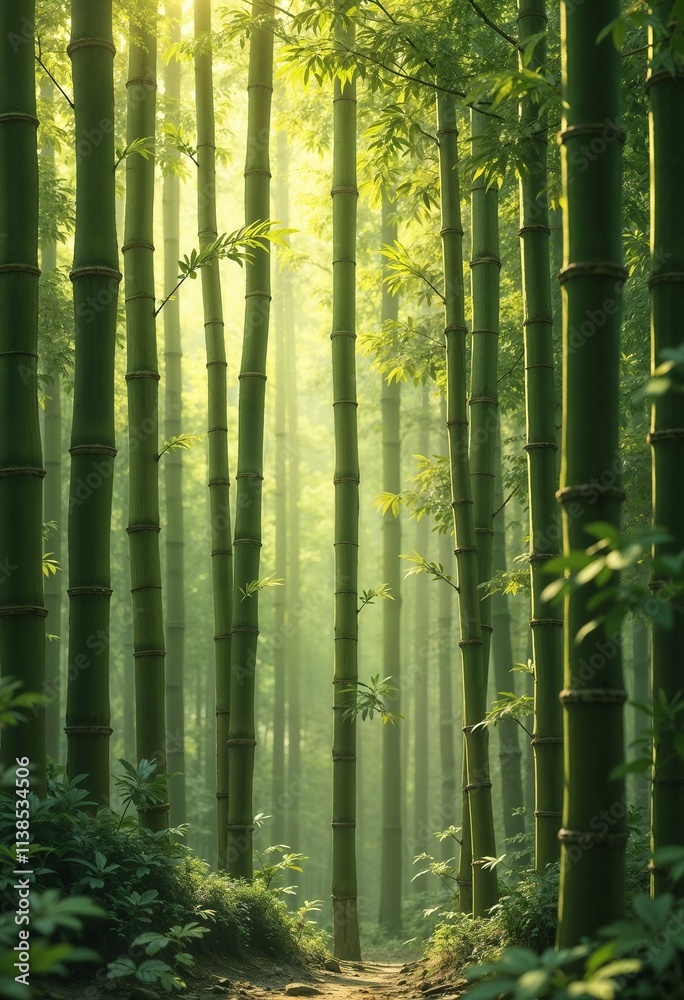 Fototapeta premium Serene bamboo forest with sunlight filtering through green stalks for nature lovers