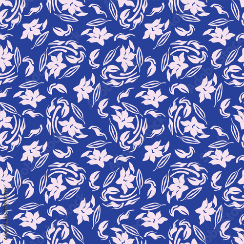 Flower garden wallpaper design vector prepared for textile printing. Seamless floral pattern with abstract hand drawn flower and leaf background elements in purple