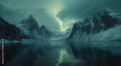 Majestic mountains reflect in tranquil water during twilight in a serene landscape