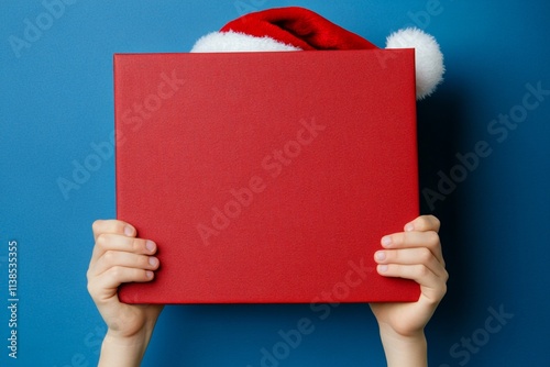 Isolated white white high schooler boy in red holiday hat with surprise box in hands, on blue background. Copyspace. Kid with present. Kid holding gift. Santa gift kid. Kid christmas joy.
